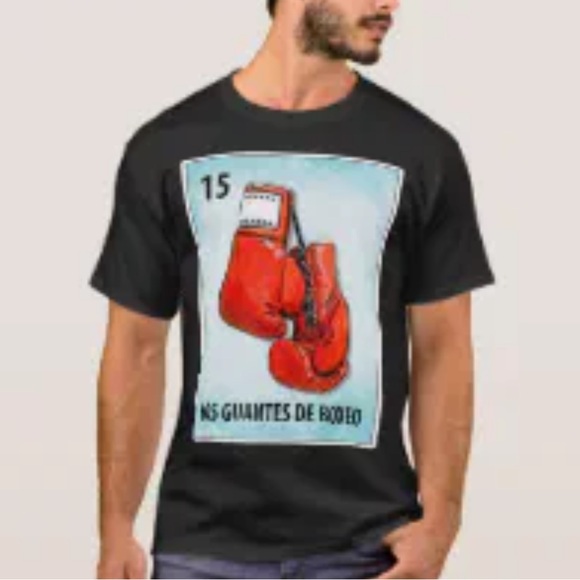 Los Guantes De Boxeo Mexican Boxing Gloves Cards T-Shirt Black Graphic Size M - Picture 1 of 5